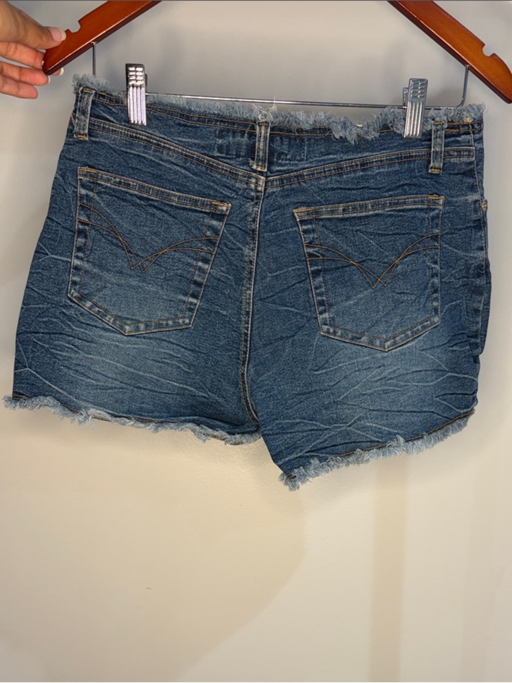 Women's Dark Blue Frayed Hem Denim Shorts